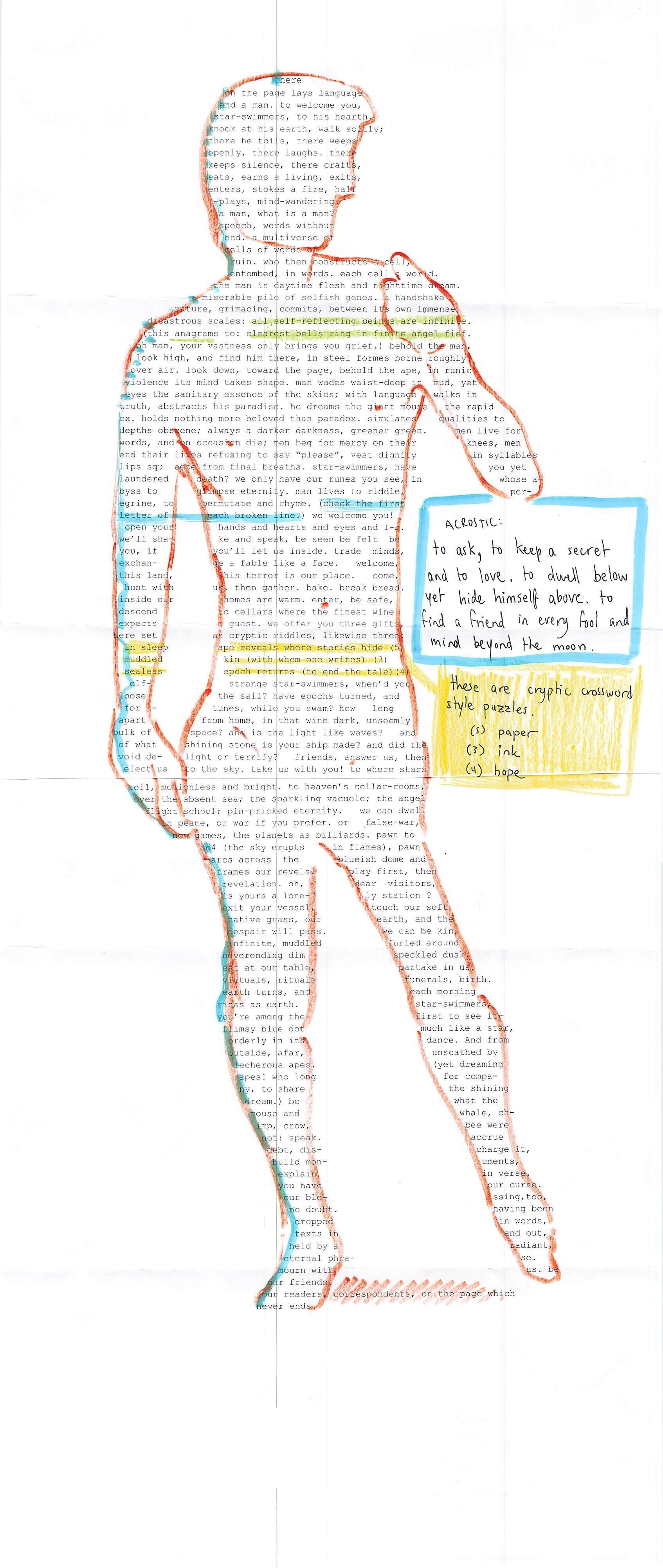 The same poem arranged into the silhouette of a standing human figure, annotated with its acrostic and puzzle answers.
