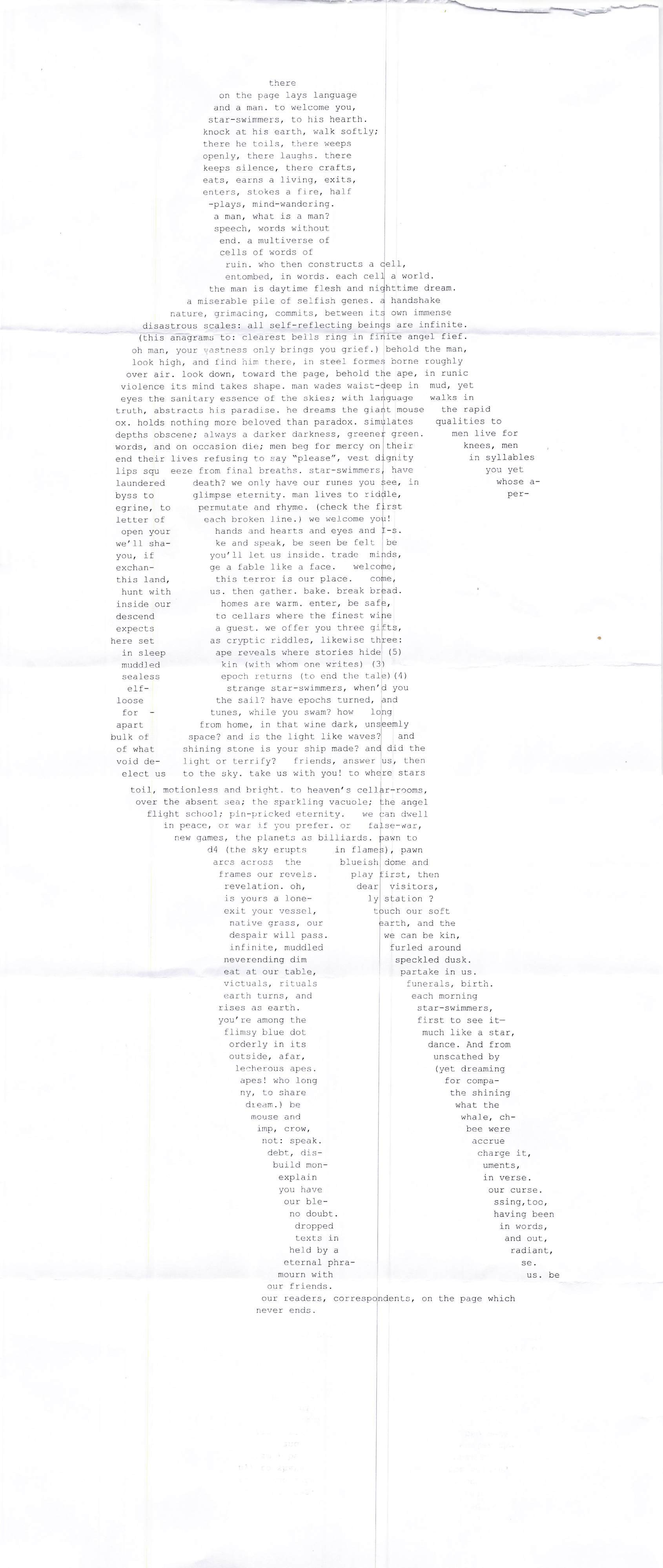 A concrete poem: dense justified text whose form spreads and breaks across the page.