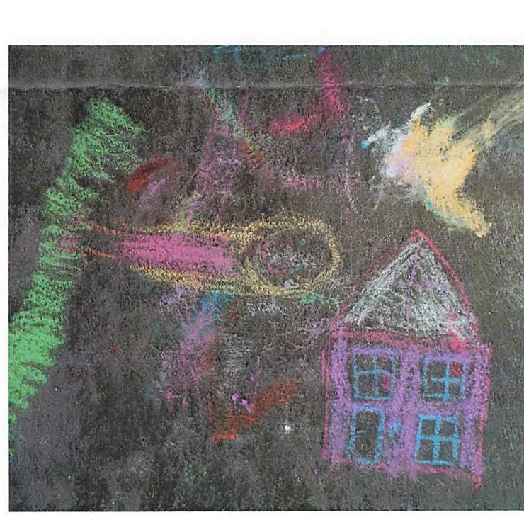Children's chalk drawing on pavement: a pink house with a comet and spaceship overhead.